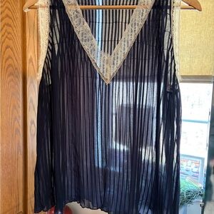 Zara Navy Sheer Pleated Camisole with Cream Lace Trim